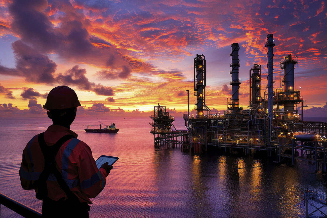 Energy worker overlooking an industrial facility at sunset